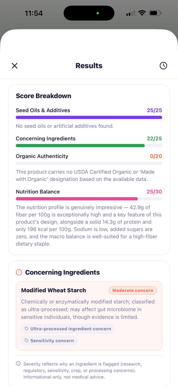 Snackwise ingredient label scanner app showing a product health score, seed oil flags, and nutrition breakdown on iPhone